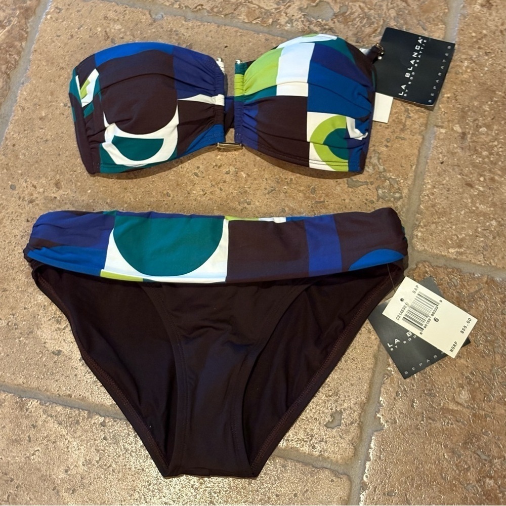 NWT~LA BLANCA Women Multicolor Pattern Bikini Set Padded Top Bottom Size 6